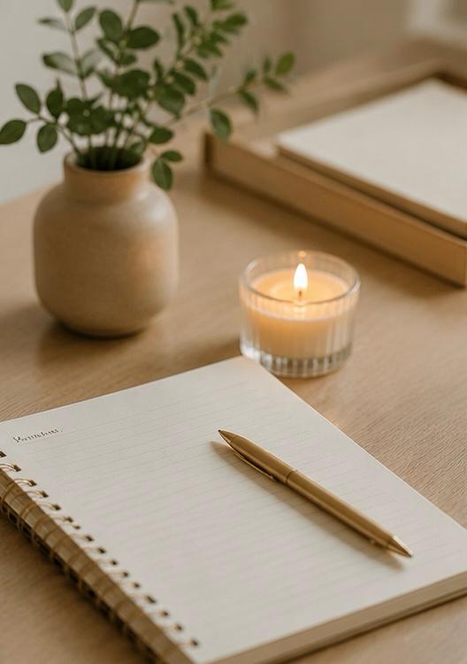 Caderno, caneta e vela sobre a mesa